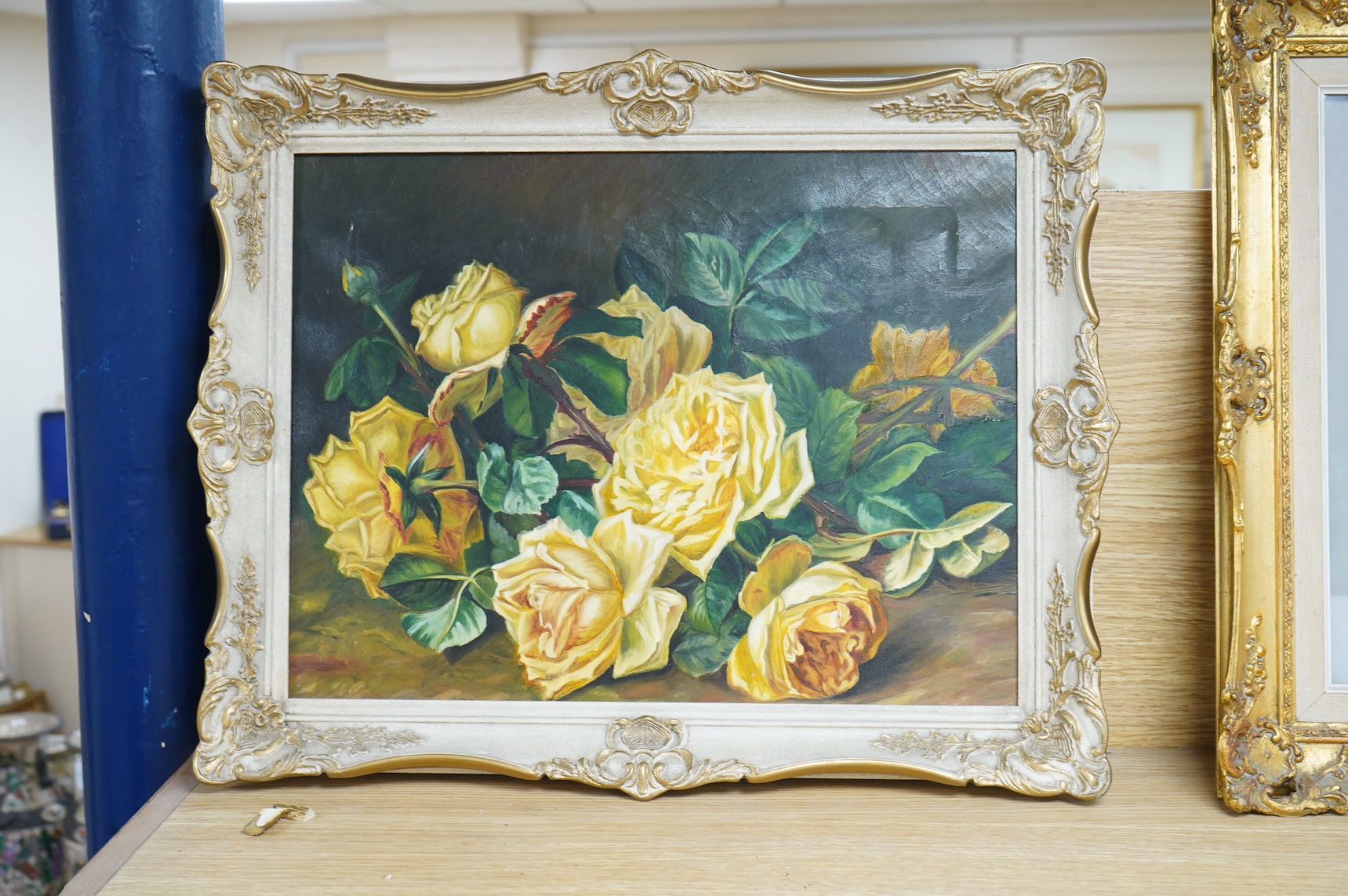 Robert Louis Raymond Duflos (1898-1929), Still life of yellow roses in a vase, signed, pastel, together with a similar oil on canvas, unsigned, largest 33 x 42cm, each in ornate frames